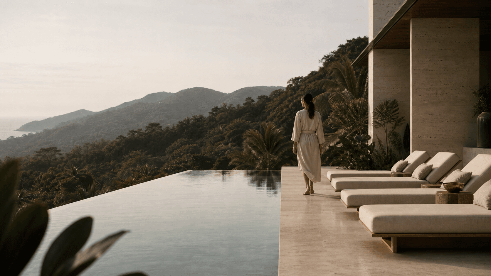 Retiro de bem-estar com piscina de borda infinita e arquitetura natural