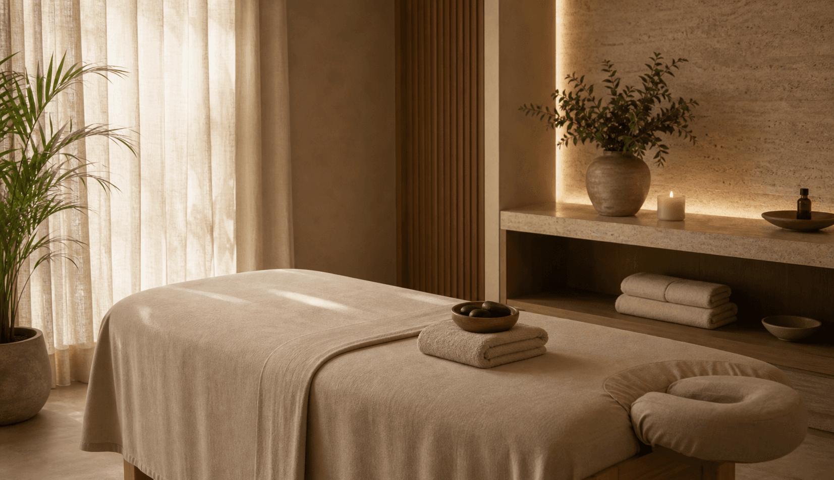 Sala de cuidado facial com materiais naturais
